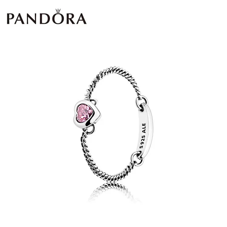 Anel Pandora em prata 925 com coração em rosa