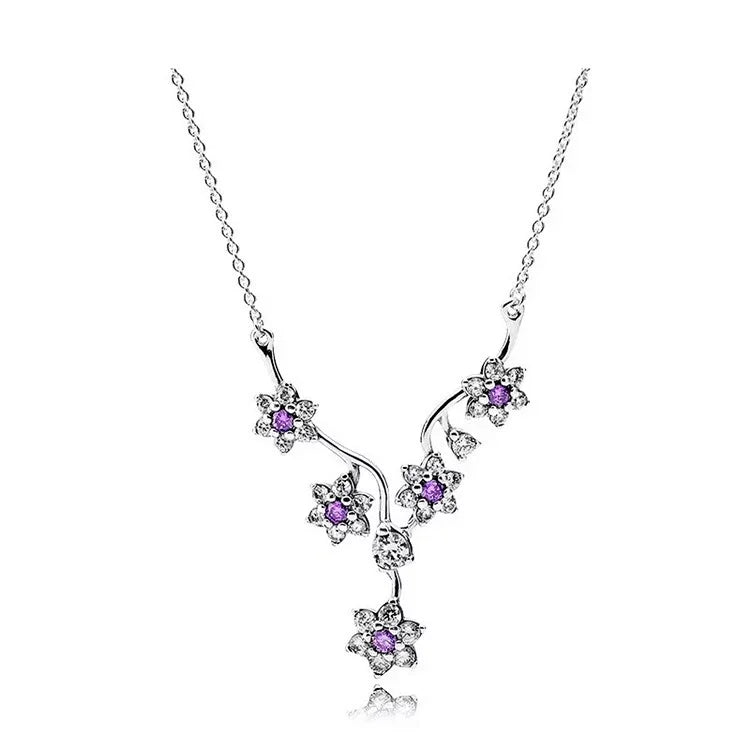 Colar Pandora miosótis roxo de prata 925